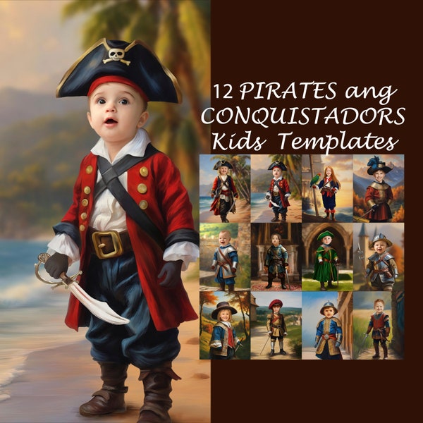 BUNDLE -12- Modèles de portraits d'enfants pirates et conquistadors, portrait d'enfants, costume de toile de fond, costume d'enfant, arrière-plan Photoshop JPG