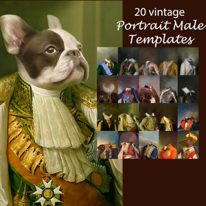 BUNDLE 20 royal pet portrait templates, vintage male animal portrait, backdrop costume, digital background JPG image 4