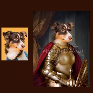 May include: A brown and white dog wearing gold armor and a red cape, holding a sword and shield. The dog is posed in a regal manner, with a serious expression on its face. The background is a dark, textured wall with a gold curtain.