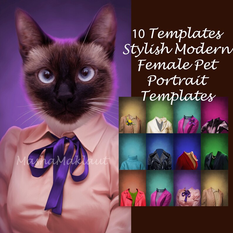 May include: A Siamese cat wearing a pink shirt with a purple bow tie. The image is a template for a pet portrait. The text on the image reads "10 Templates Stylish Modern Female Pet Portrait Templates".