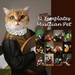 BUNDLE -12- royal pet portrait templates, vintage animal musician portrait, backdrop costume, digital background JPG
