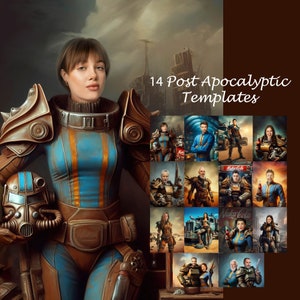 May include: 14 digital templates for photo editing.  The templates feature a post-apocalyptic theme with a variety of backgrounds and characters.  The templates are perfect for creating unique and creative photos.