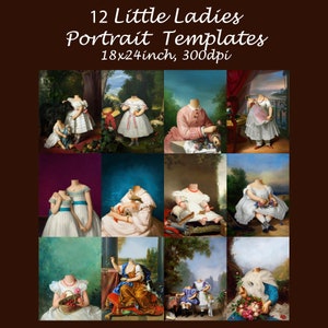 May include: Twelve portrait templates featuring headless figures of young girls in various poses and settings. The templates are 18x24 inches and 300dpi.