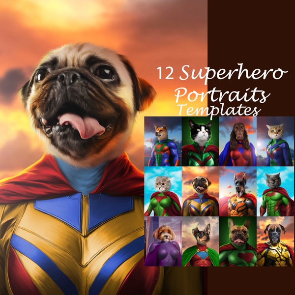 BUNDLE -12- Plantillas de retratos de animales de superhéroes, Retrato de mascotas, Fondo digital de disfraces de mascotas JPG