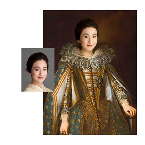 May include: A woman in a modern photo is wearing a traditional Japanese kimono. She is superimposed onto a painting of a woman in a lavish, gold and green, 17th century European gown with a large, lace collar.