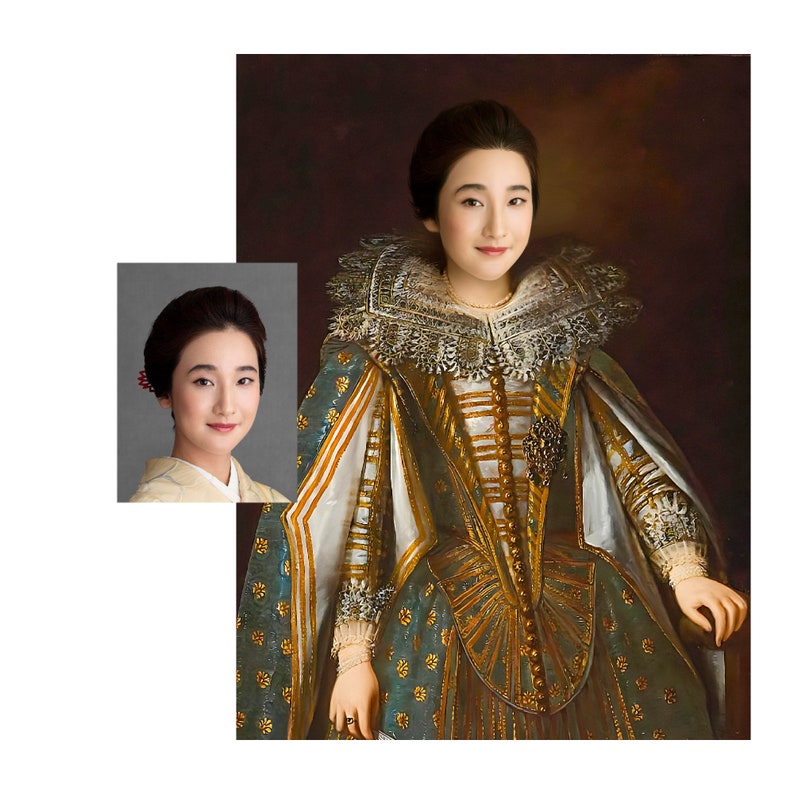 May include: A woman in a modern photo is wearing a traditional Japanese kimono. She is superimposed onto a painting of a woman in a lavish, gold and green, 17th century European gown with a large, lace collar.