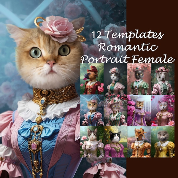 BUNDLE -12- Romantic pet portrait templates, vintage female animal portrait, oil painting digital background JPG