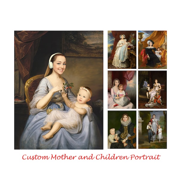 Benutzerdefiniertes Porträt der königlichen Familie, Mutter und Kind, historisches Porträt, Renaissance-Familie, Muttertagsgeschenk, digitales Porträt vom Foto