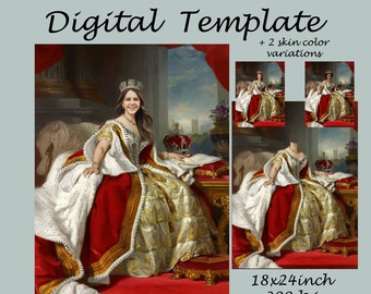 Royal portrait template, royal portrait costume, Queen Victoria regal dress, skin colour options, Photoshop background backdrop JPG