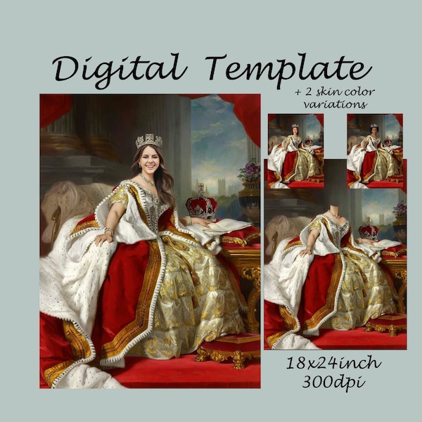 Royal portrait template, royal portrait costume, Queen Victoria regal dress, skin colour options, Photoshop background backdrop JPG