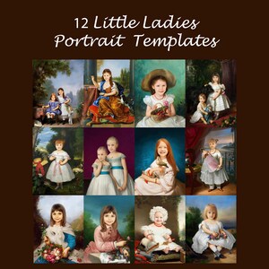 May include: Twelve digital portrait templates featuring young girls in various poses and settings. The templates are designed for use in photo editing software.