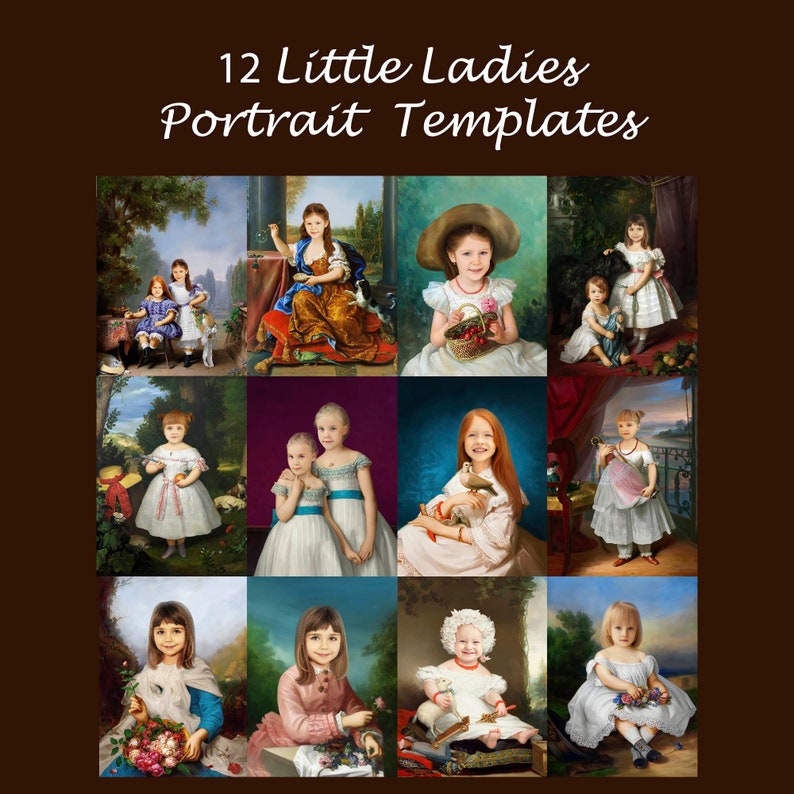 May include: Twelve digital portrait templates featuring young girls in various poses and settings. The templates are designed for use in photo editing software.