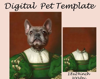 Royal pet portrait template, Vintage Medieval Lady costume, royal animal portrait, Photoshop template JPG