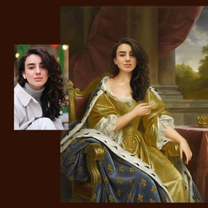 May include: A woman in a gold and blue gown sits on a throne with a crown on a table behind her. She is wearing a white fur-trimmed robe and has long dark hair.