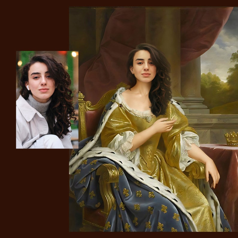 May include: A woman in a gold and blue gown sits on a throne with a crown on a table behind her. She is wearing a white fur-trimmed robe and has long dark hair.