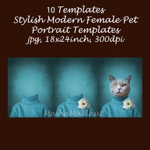 May include: Three digital templates for pet portraits. Each template features a blue turtleneck sweater on a light blue background. The center template has a white flower on the sweater. The right template features a gray cat wearing the sweater with a white flower on the sweater. The text "Masha Maklaut" is visible in the bottom center of the image.