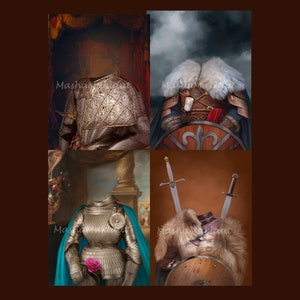 May include: Four digital art images of a dog dressed as a knight in armor. The dog is wearing a silver helmet, a silver breastplate, and a blue cape. The dog is holding a rose in its paw. The dog is standing in front of a painting of a castle.