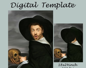 Funny portrait template, man poking a skull hilarious meme portrait, backdrop costume, Photoshop background JPG