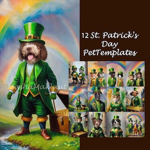 Può includere: 12 modelli di San Patrizio per animali domestici con una varietà di animali vestiti con costumi da folletto verde. I modelli includono un cane con un vaso d'oro, un gatto con un vaso d'oro, un cane con una birra, un gatto con una birra, un cane con un cappello, un gatto con un cappello, un cane con un arcobaleno, un gatto con un arcobaleno, un cane con un trifoglio, un gatto con un trifoglio, un cane con un cappello da folletto, e un gatto con un cappello da folletto.