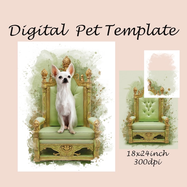 Animal Throne for Pet, Royal Green Chair Digital Backdrop, royal animal portrait, Photoshop background template JPG