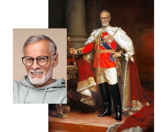 Può includere: Un ritratto di un uomo vestito da re, con un'uniforme rossa e dorata con una veste bianca bordata di pelliccia. Tiene uno scettro nella mano destra e ha un'espressione seria sul viso.