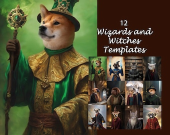 BUNDLE -12- Wizards and Witches Pet portrait templates, animal costume, Dog witch, Cat wizard, digital background JPG