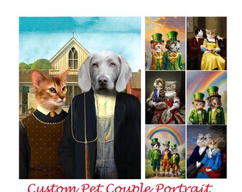 May include: A custom pet couple portrait in the style of American Gothic. A grey Weimaraner dog and a brown tabby cat are dressed in vintage clothing. The dog is wearing a blue denim shirt and overalls, while the cat is wearing a brown dress with a white collar. The background is a painting of a farmhouse with a church in the distance.