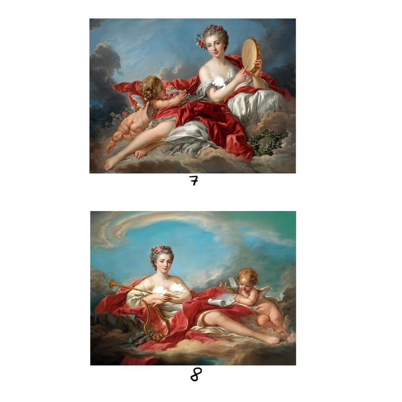 May include: A set of two classical oil paintings featuring figures in clouds. The first shows a person with a tambourine and a winged child. The second depicts a person with a lyre and a winged child writing on a scroll. Both feature red fabric.