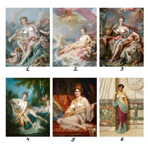 May include: A collection of six classical oil paintings featuring figures in various settings, including mythological scenes with cherubs, a person playing a stringed instrument on a red sofa, and a standing figure draped in green and purple fabric.