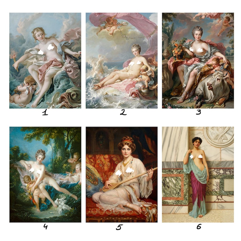 May include: A collection of six classical oil paintings featuring figures in various settings, including mythological scenes with cherubs, a person playing a stringed instrument on a red sofa, and a standing figure draped in green and purple fabric.