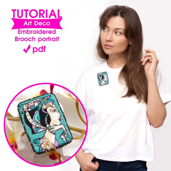 Portrait Embroidery Tutorial, Embroidered Brooch Pin, Art Deco Abstract cubism, ebook PDF