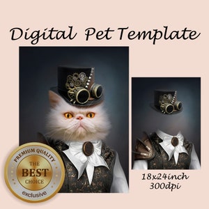 Könnte beinhalten: Digitale Haustier-Vorlage mit einer weißen Katze, die einen schwarzen Zylinder mit Zahnrädern und Schutzbrille, eine weiße Fliege und eine braune Weste mit goldenen Akzenten trägt. Die Katze schaut direkt auf den Betrachter. Die Vorlage ist 18x24 Zoll groß und hat 300 dpi. Das Bild enthält auch ein goldenes Siegel mit dem Text "Premium Quality The Best Choice Exclusive".