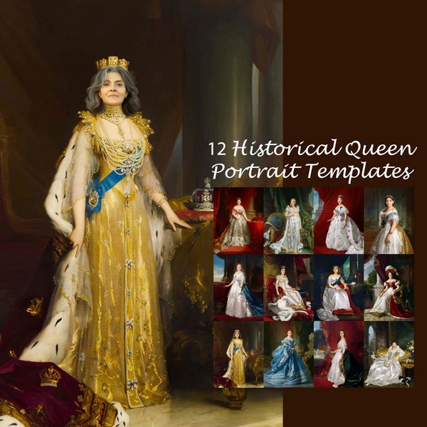 BUNDLE -12- royal portrait templates, vintage queen portrait, historical lady costume, oil painting digital, Photoshop background JPG