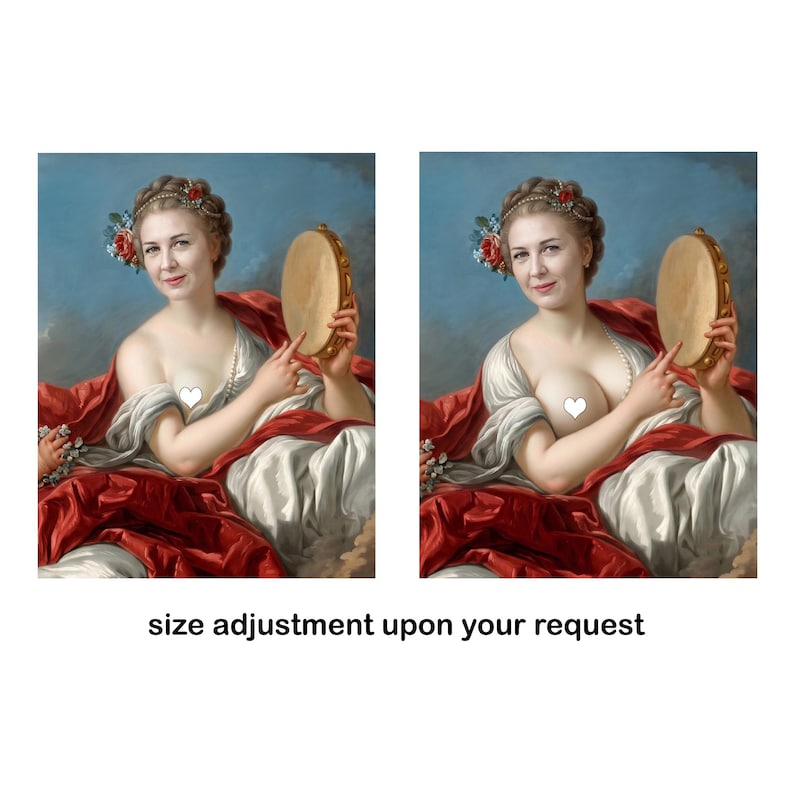 May include: A classical-style oil painting portrait featuring a person with braided hair adorned with flowers, wearing a white garment draped in red fabric, holding a wooden tambourine, with the text size adjustment upon your request.