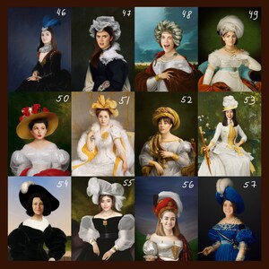 May include: A collage of 12 digital paintings featuring women in various historical costumes and hats. Each painting has a number in the top right corner.