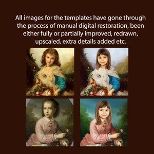 May include: Four digital paintings of young girls in vintage dresses holding flowers. Each painting has a different background and the girls have different hair styles and facial expressions.