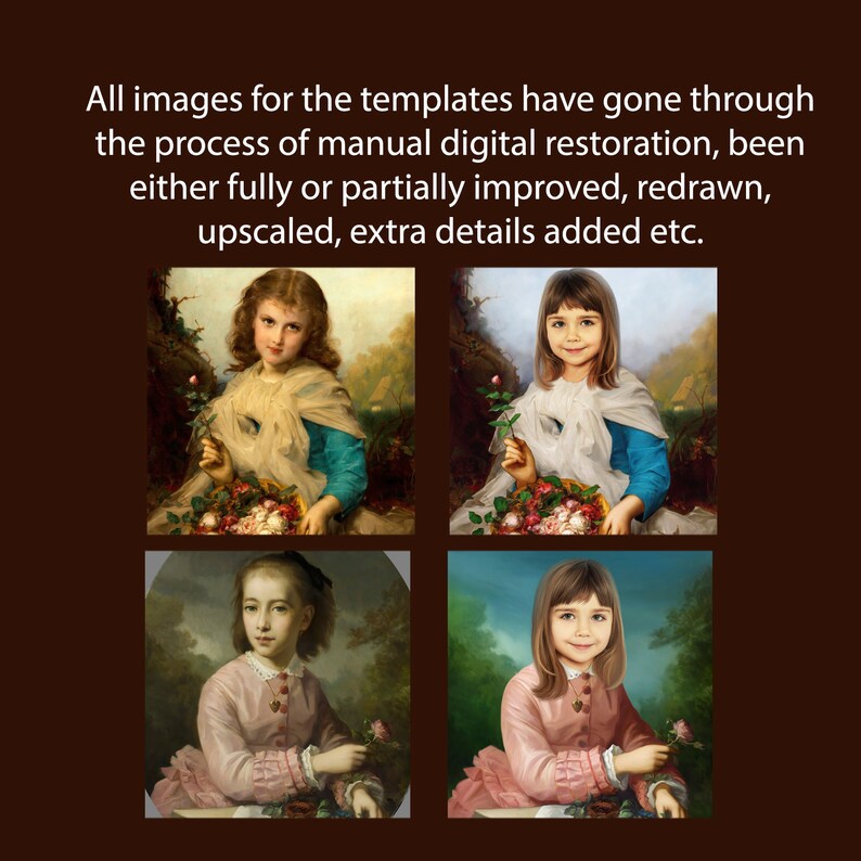 May include: Four digital paintings of young girls in vintage dresses holding flowers. Each painting has a different background and the girls have different hair styles and facial expressions.