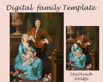 Royal family portrait template, family backdrop costumes, royal couple with child, Photoshop background JPG