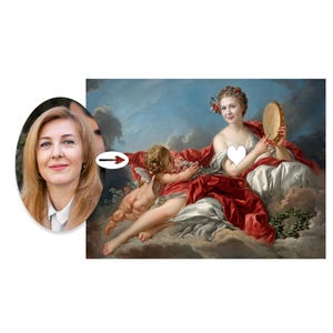 May include: A digital portrait composite featuring a circular headshot of a blonde person next to a classical oil painting style illustration of a figure with a tambourine and a winged cherub draped in red fabric against a cloudy blue sky.