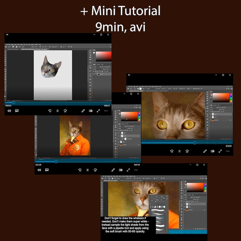 May include: A 9-minute video tutorial on how to draw a cat in a portrait style using Adobe Photoshop. The video shows a cat's face with a white background, a cat wearing a red and gold jacket, and a close-up of the cat's face with a brush tool and color palette.