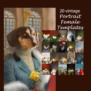 BUNDLE -20- Vintage Animal Female Portrait Templates, backdrop costume, oil painting digital, Photoshop background JPG