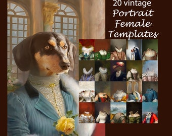 Pet Portrait Templates Classic artists Royal Pet Style, female animal costumes JPG