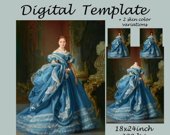 Royal portrait template, royal portrait costume, sapphire queen regal, princess dress, Photoshop background backdrop JPG