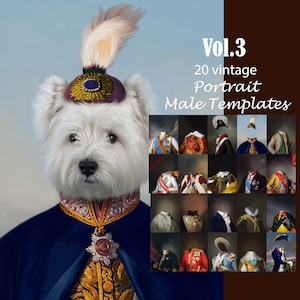 BUNDLE -20- royal pet portrait templates, vintage male animal portrait, backdrop costume, digital background JPG