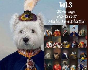 BUNDLE -20- royal pet portrait templates, vintage male animal portrait, backdrop costume, digital background JPG