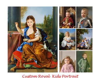 May include: A collage of images featuring children dressed in royal attire. The images are set in a variety of historical settings, including a castle, a garden, and a throne room. The children are all smiling and looking happy. The text "Custom Royal Kids Portrait" is displayed at the bottom of the collage.