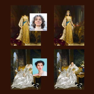 May include: Two digital art images of women in vintage style dresses. The first image shows a woman in a gold dress with a crown. The second image shows a woman in a white dress with a dog.