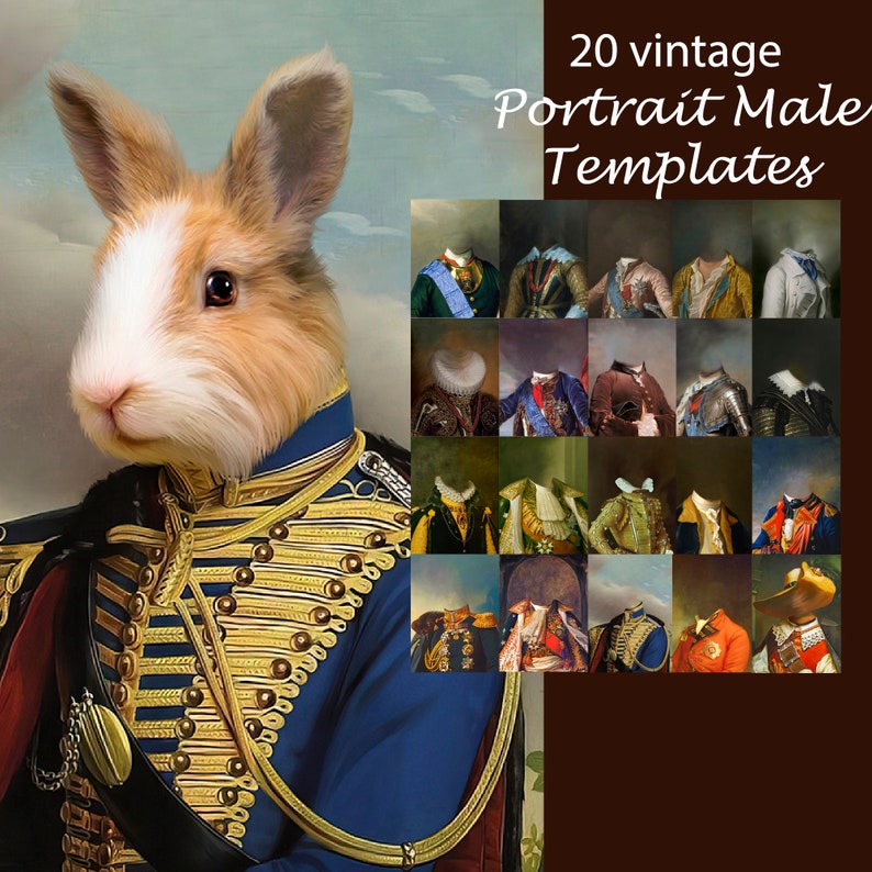 BUNDLE 20 royal pet portrait templates, vintage male animal portrait, backdrop costume, digital background JPG image 3