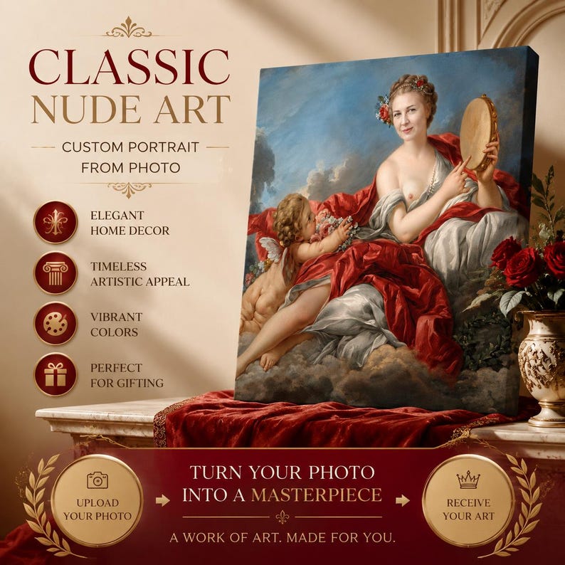 May include: A canvas print featuring a classical-style painting of a person holding a tambourine with a cherub, set against a cloudy sky. The text reads CLASSIC NUDE ART, CUSTOM PORTRAIT FROM PHOTO, TURN YOUR PHOTO INTO A MASTERPIECE, and A WORK OF ART.