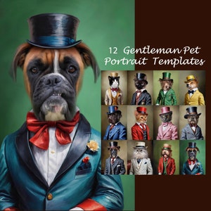 Könnte beinhalten: Eine digitale Illustration eines Boxerhundes, der einen türkisfarbenen Anzug, eine rote Fliege und einen schwarzen Zylinder trägt. Der Hund schaut direkt auf den Betrachter. Das Bild ist Teil eines Sets von 12 Gentleman-Haustier-Porträtvorlagen.
